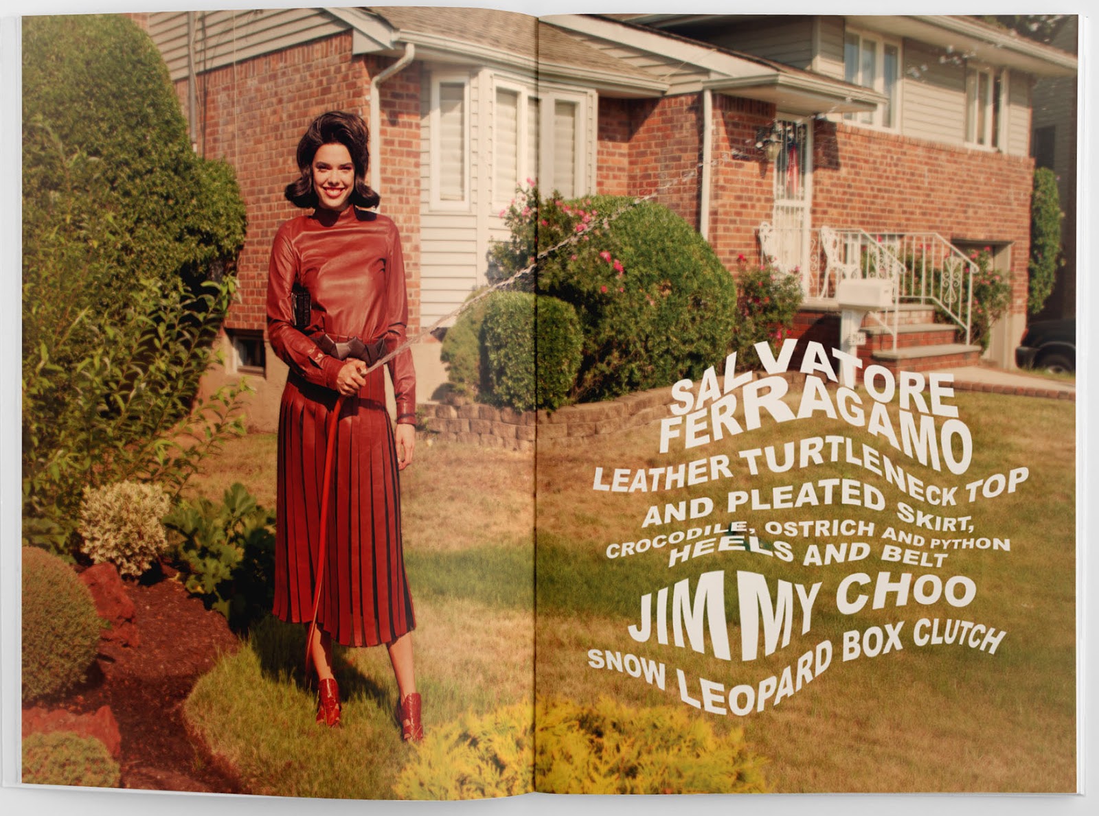 Magazine layout showing good use of typography, woman standing in yard with hose