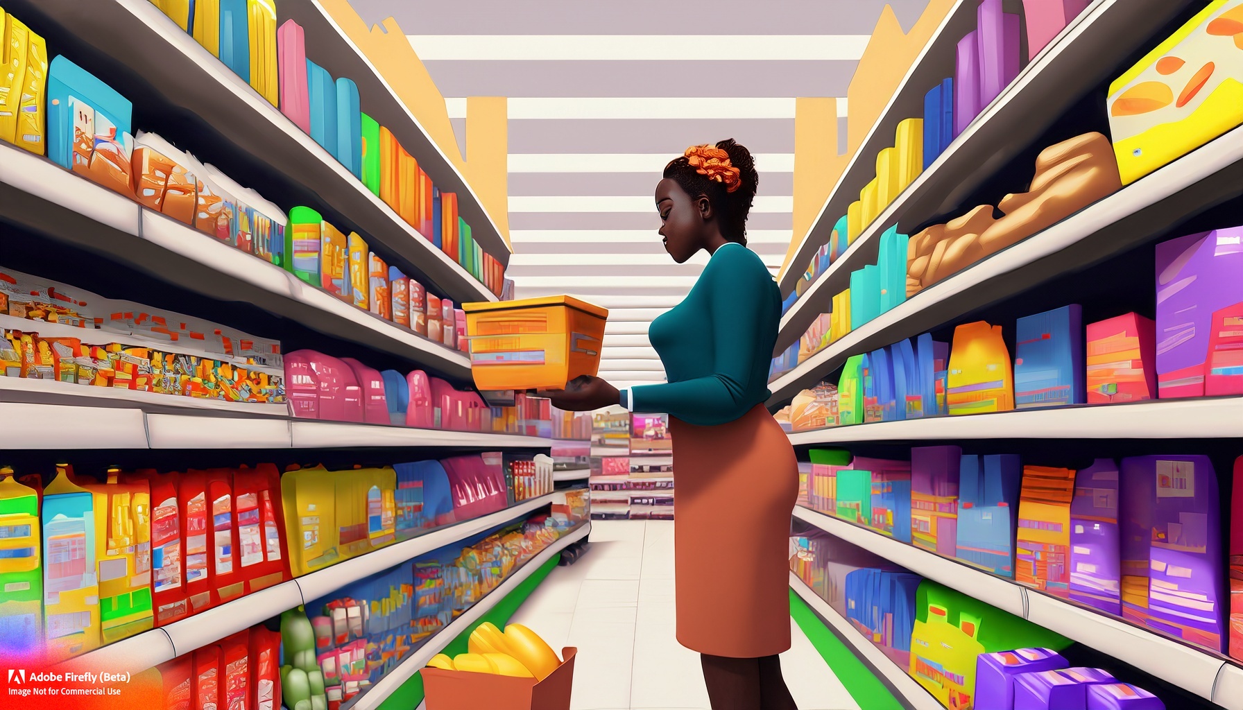 a 3D realistic scene where a person is standing in a supermarket with very tall shelves filled with thousands of brightly colored packaged products. They hold one package with two hands, examining it.