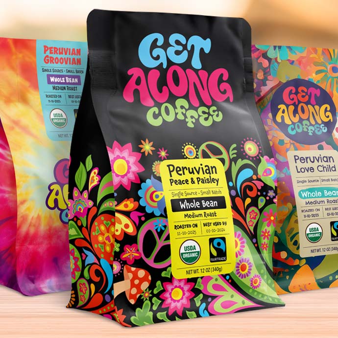 Get Along Coffee brand bag designs.