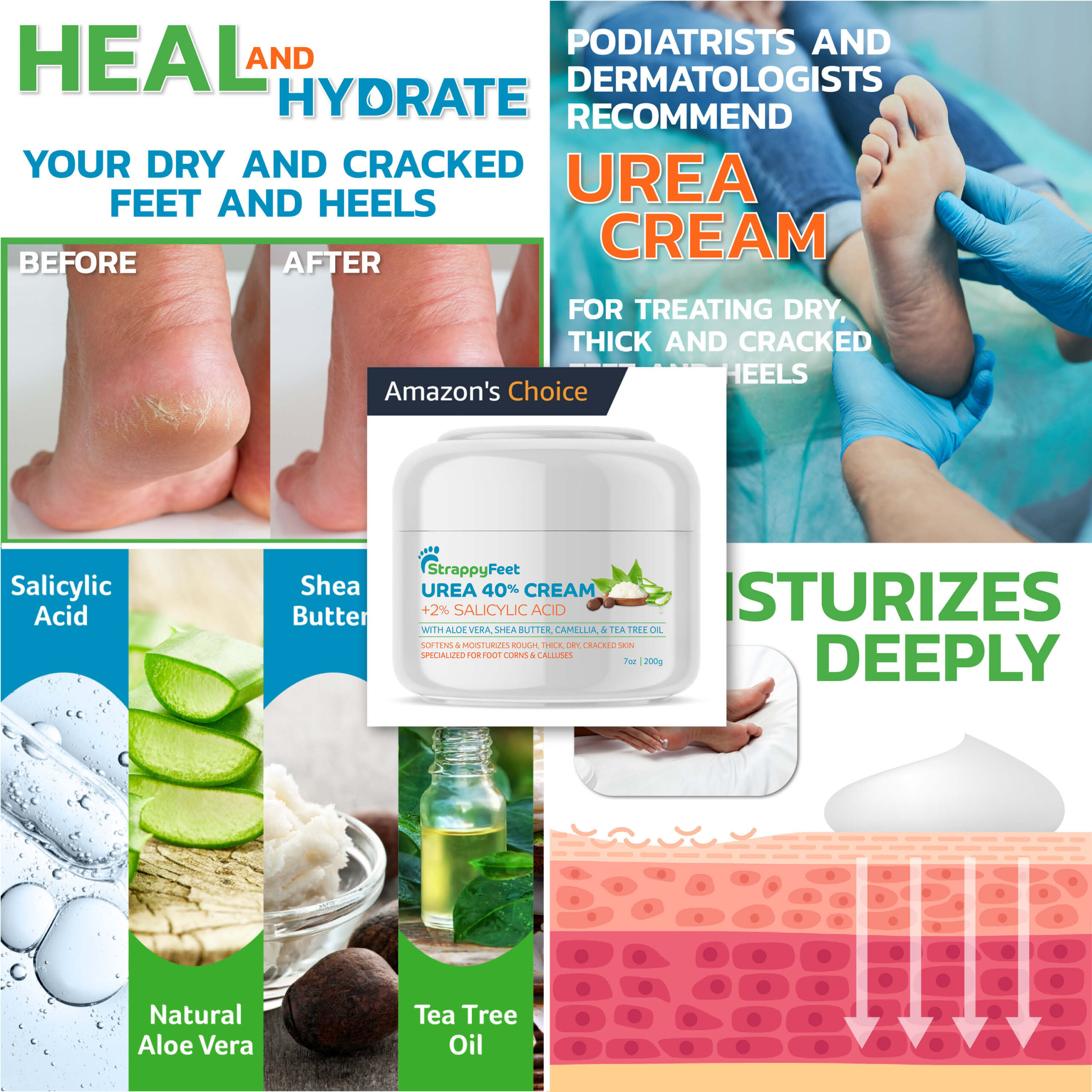 Strappy Feet Ice Machine cleaning product packaging surrounded by Amazon A+ content images.