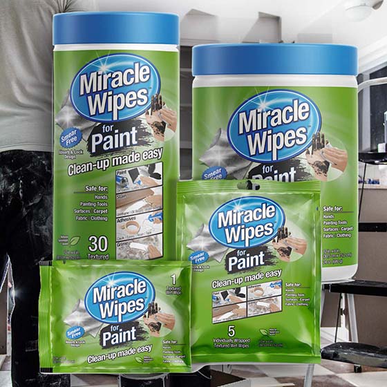 Label and package design for Miracle Wipes brand cleaning products.