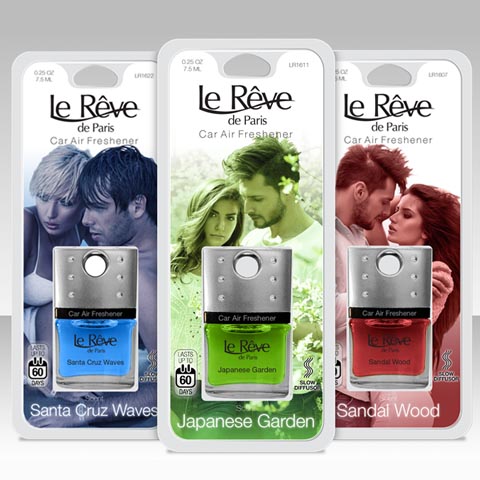 Blister pack designs for Le Reve brand of car air fresheners.