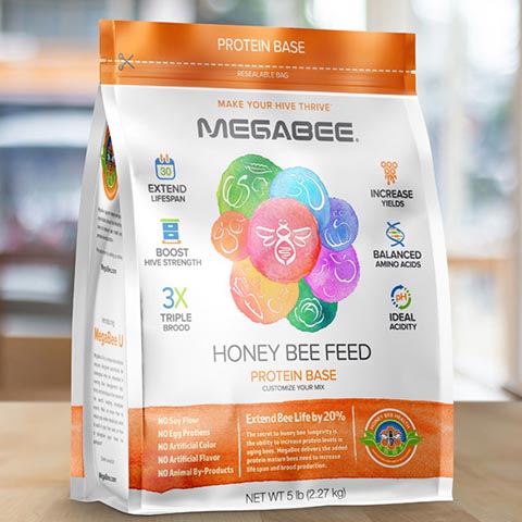 Gusseted pouch design for a honey bee feed product.