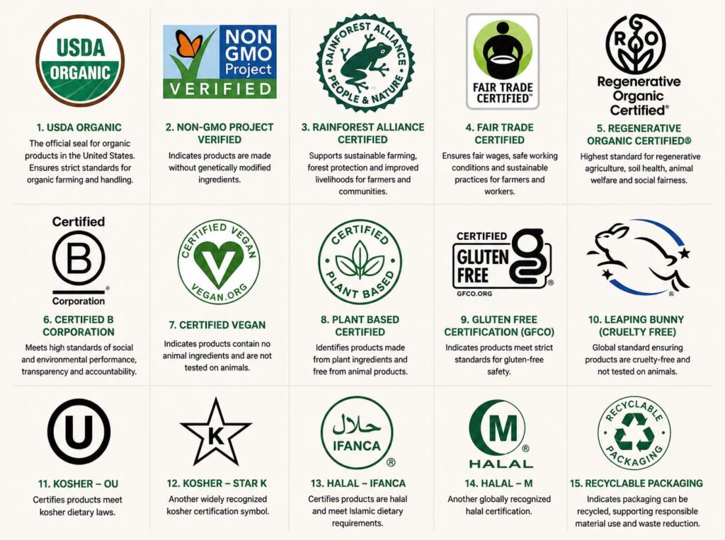 Collection of the most popular organic certification logo for CPG products.