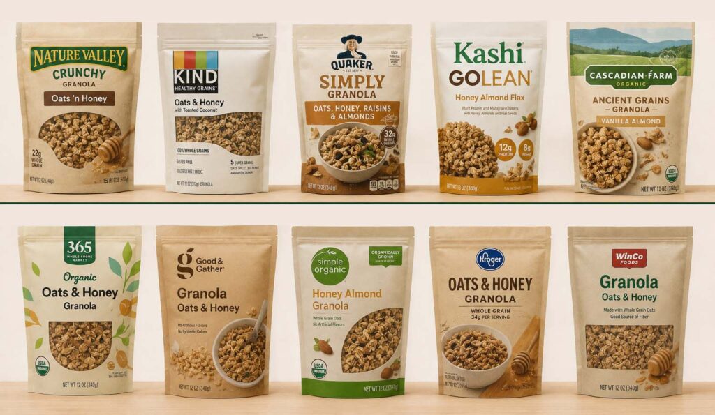 Granola products from grocery stores arranged in a row, comparing organic and national brand non-organic styles.