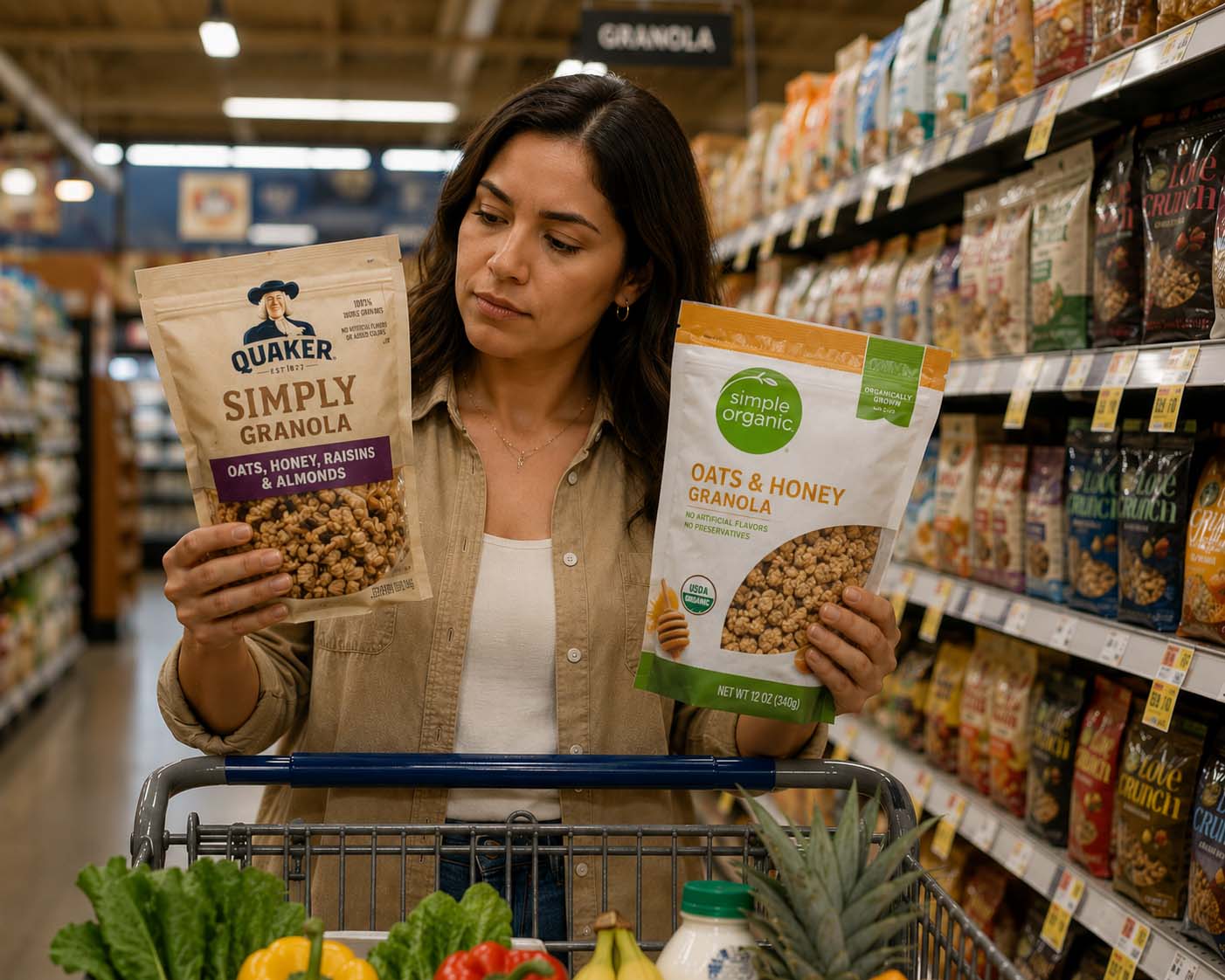woman in grocery store aisle. She is comparing two granola product packaging designs.