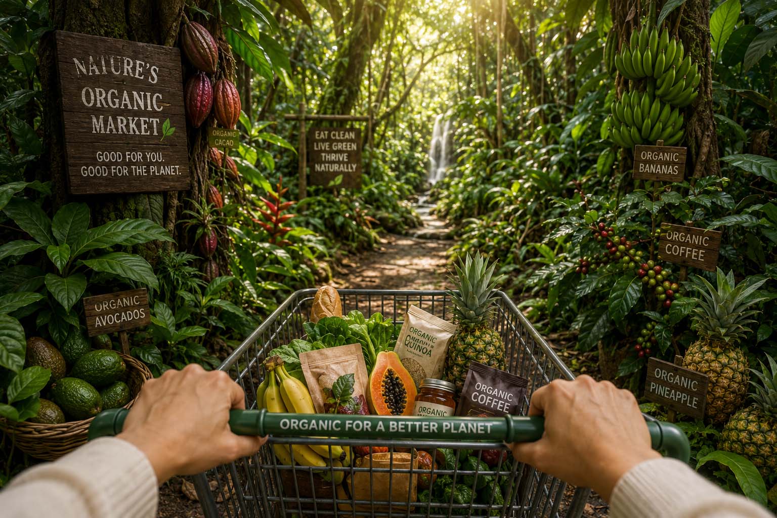 consumer pushing a grocery store cart through a forest of organic products