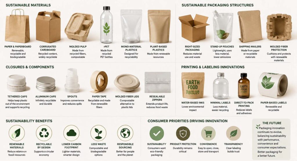 Multiple types of sustainable packaging materials, components, and structures that embody today's CPG marketplace. 