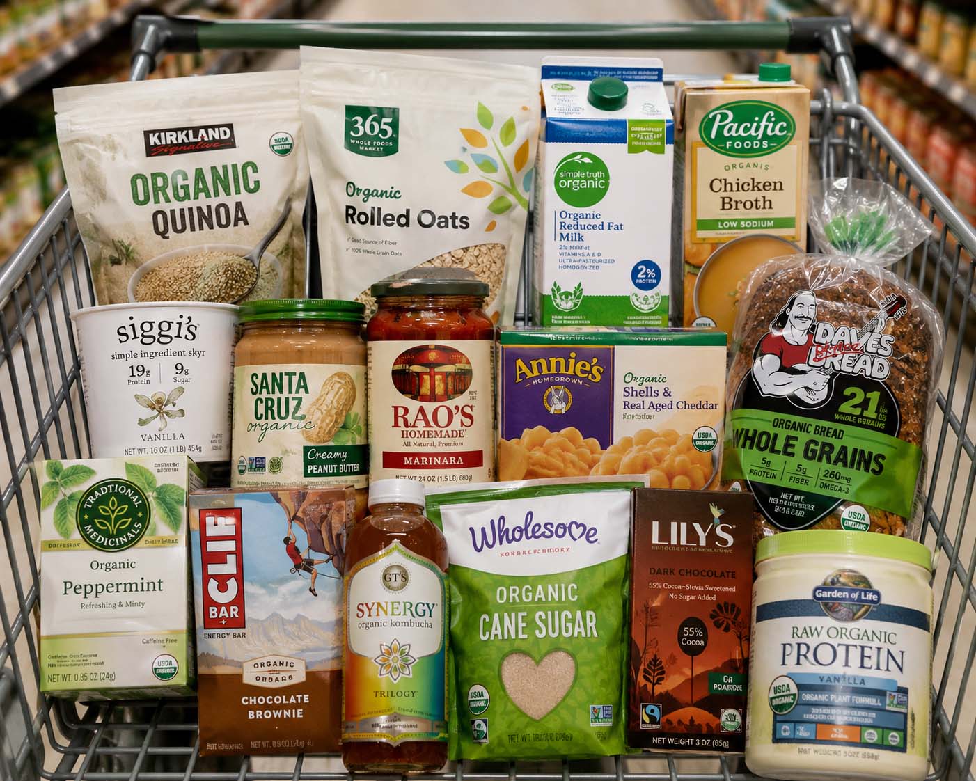 Organic products in packaging stilling in a shopping cart