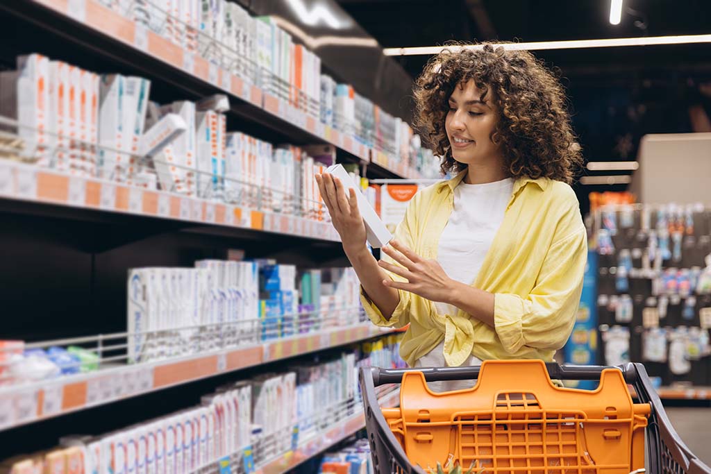 Woman shopping and holding a product while evaluating the packaging design